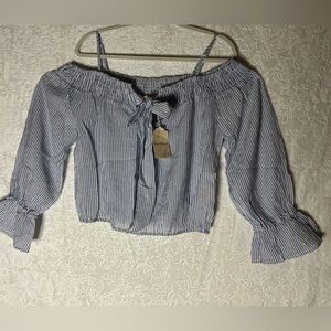 Hem & Thread Blue and White Striped Off-Shoulder Crop Top